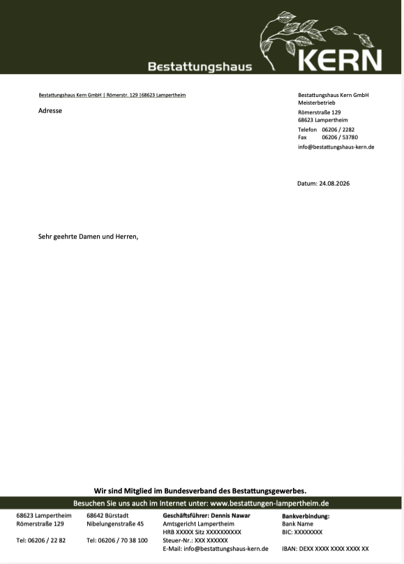 Briefpapier des Bestattungshauses Kern