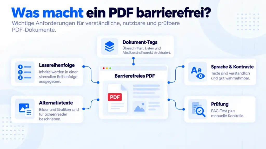 Barrierefreie PDFs: die wichtigsten Anforderungen, von Dokument-Tags, Lesereihenfolge und Alternativtexten über Sprache und Kontraste bis zur Prüfung mit PAC-Test plus manueller Kontrolle