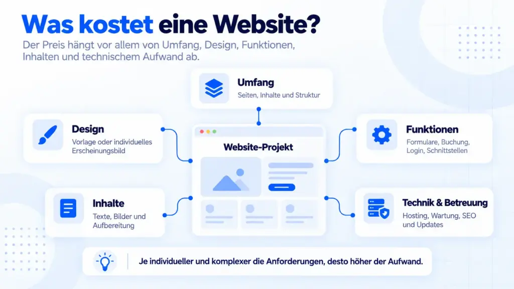 Infografik zu den wichtigsten Kostenfaktoren einer Website: Umfang, Design, Funktionen, Inhalte sowie Technik und Betreuung